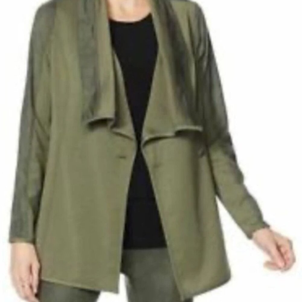 DG2 DIANE GILMAN XS Coated Ponte Combo Shawl Collar Jacket Coat Olive Green